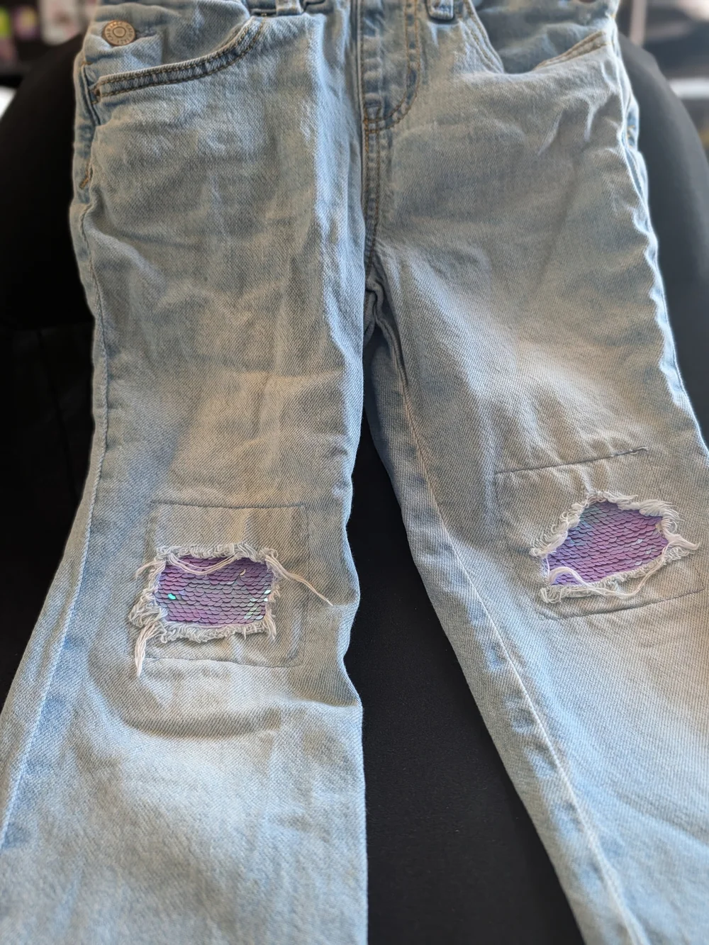 Cat & Jack Light Blue Denim Overalls with Purple Sequin Knee Patches